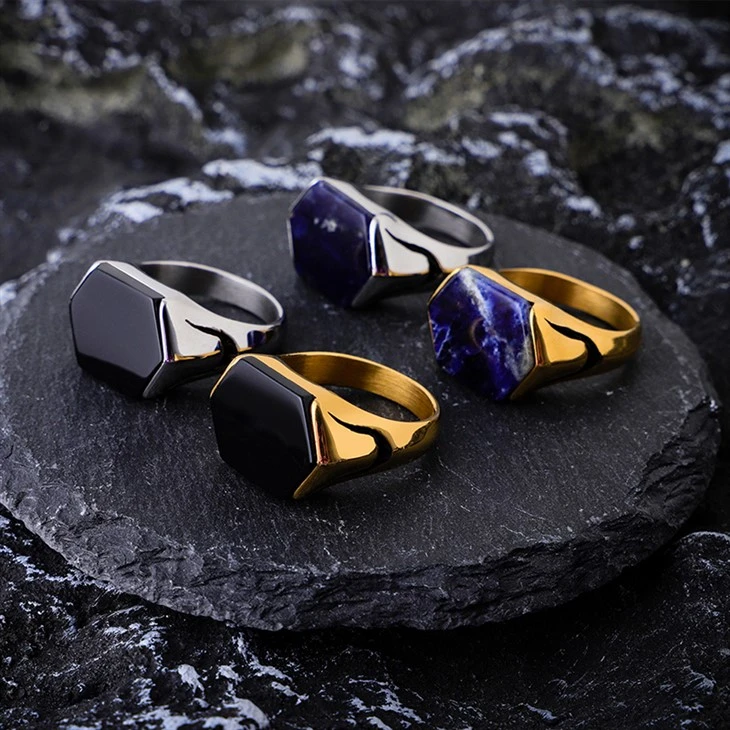 Stainless Steel PVD Plated Hexagon Natural Stone Ring